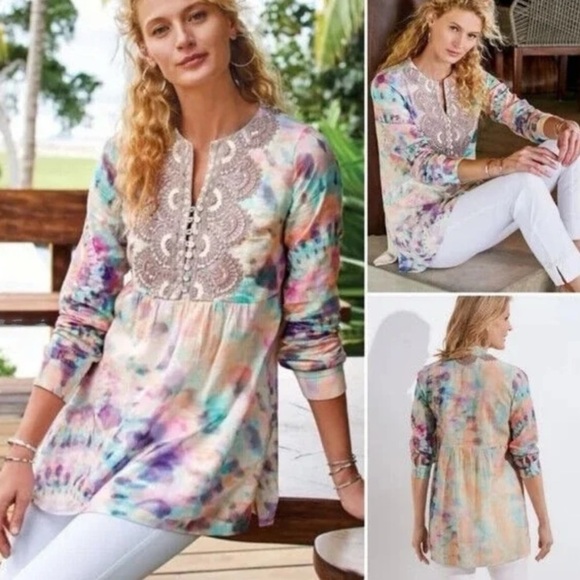 NWT Soft Surroundings Bazille Pink & Purple Tie Dye Embellished Beaded Top Sz M - Picture 1 of 8